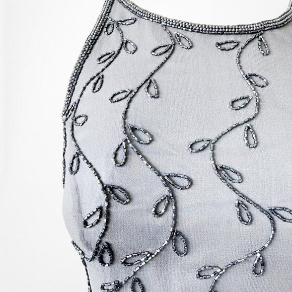 Vintage Gray Floral Beaded Silk Fit Flared Maxi Formal Prom Dress Size M - Picture 6 of 8